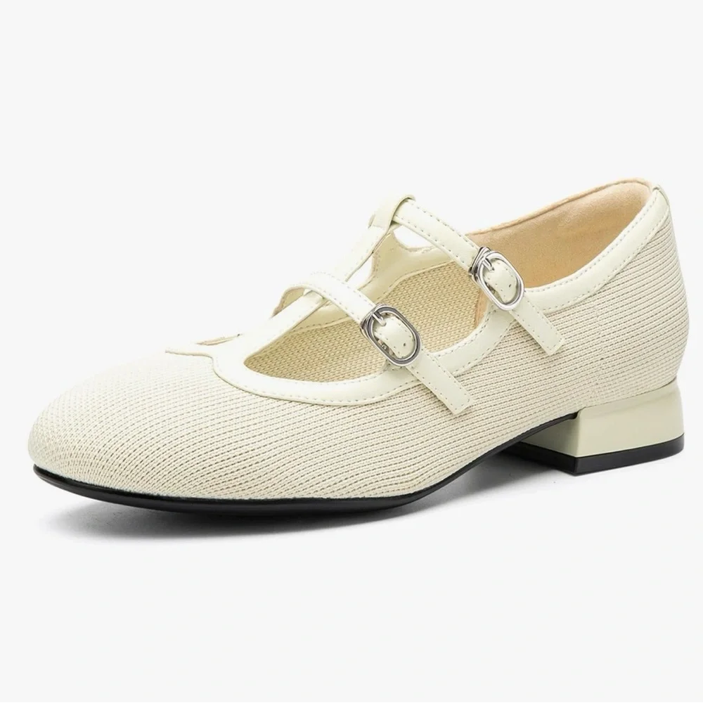 NWT Flabelus Cosy Island Mary Janes, Double Strap Light Cream Recycled Knit Sz 8 - Picture 3 of 12